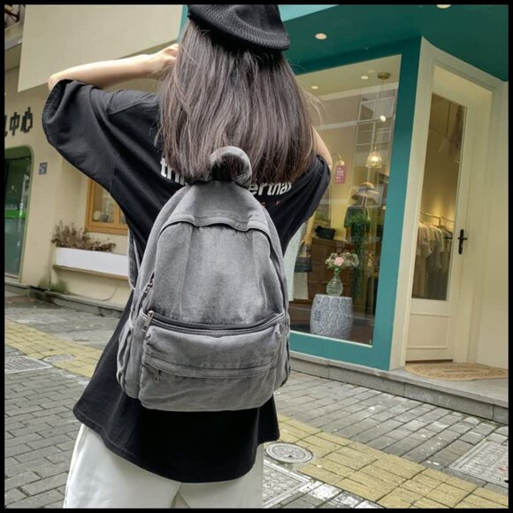 Vintage Denim Backpack Lightweight Travel Daypack Adjustable Straps Y2K Style